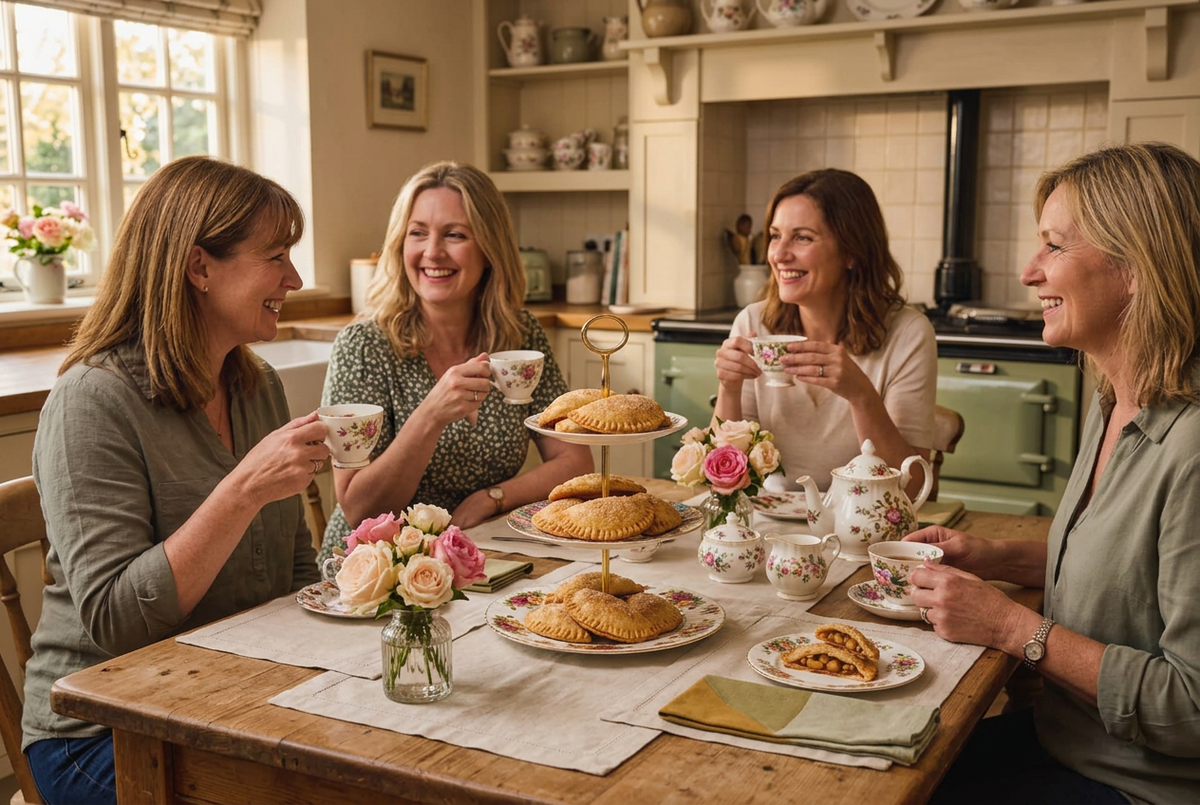 Ladies enjoying tea with Apple fried pies on a three-tier stand