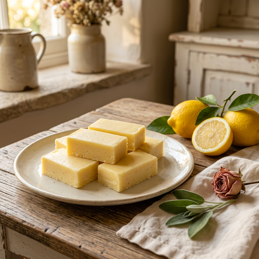 Lemon fudge in a warm cottage-kitchen setting