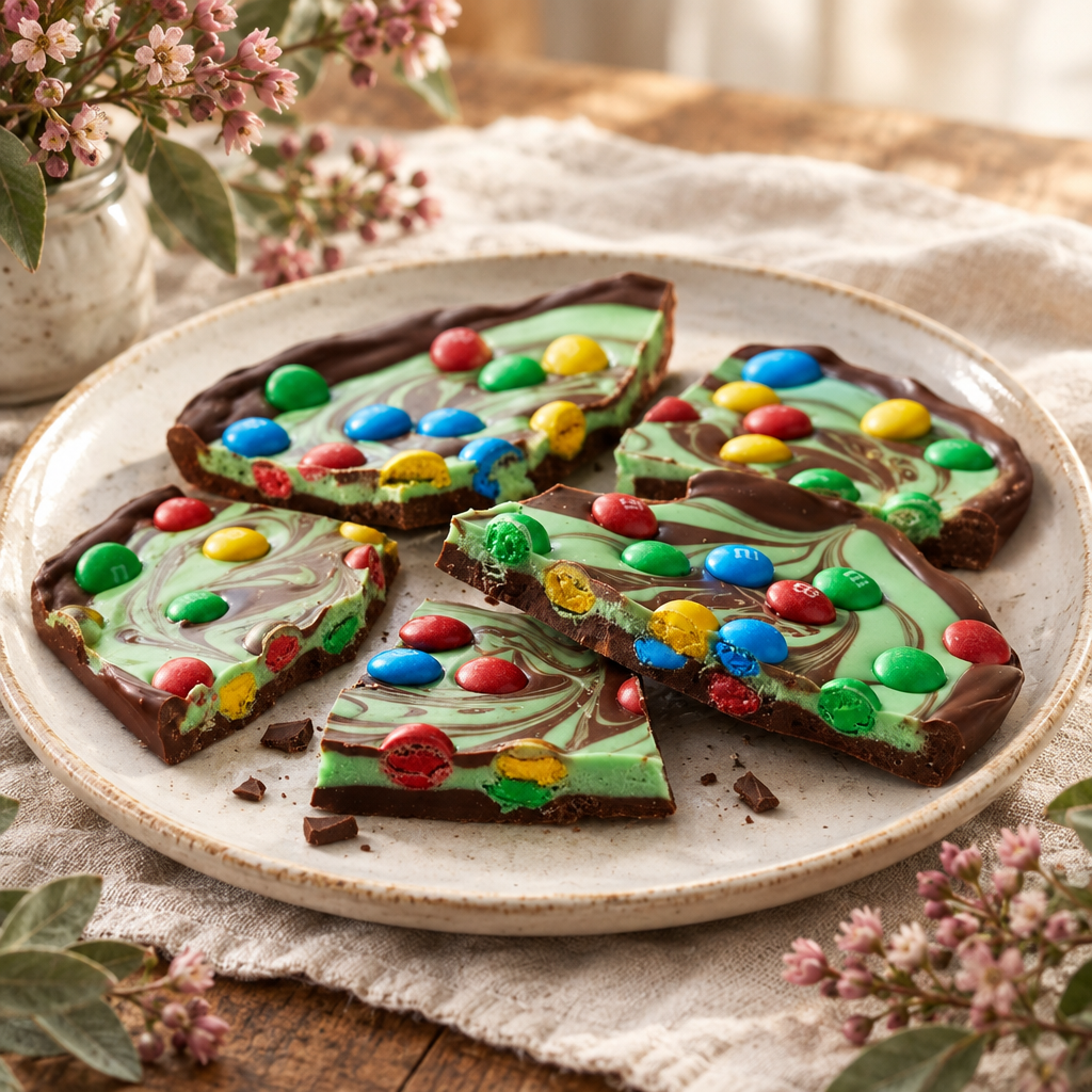 M & M mint chocolate bark served on a cream plate with pink flowers