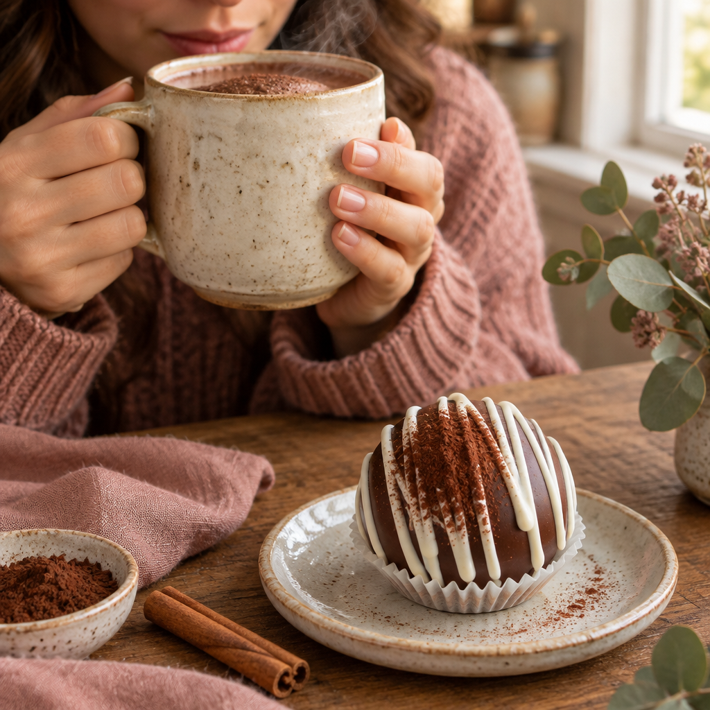 Person enjoying Mexican hot cocoa in a cottage kitchen