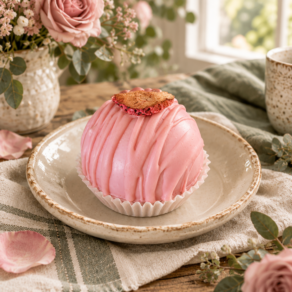 Pink strawberry cocoa bomb on a cream saucer with dusty pink roses