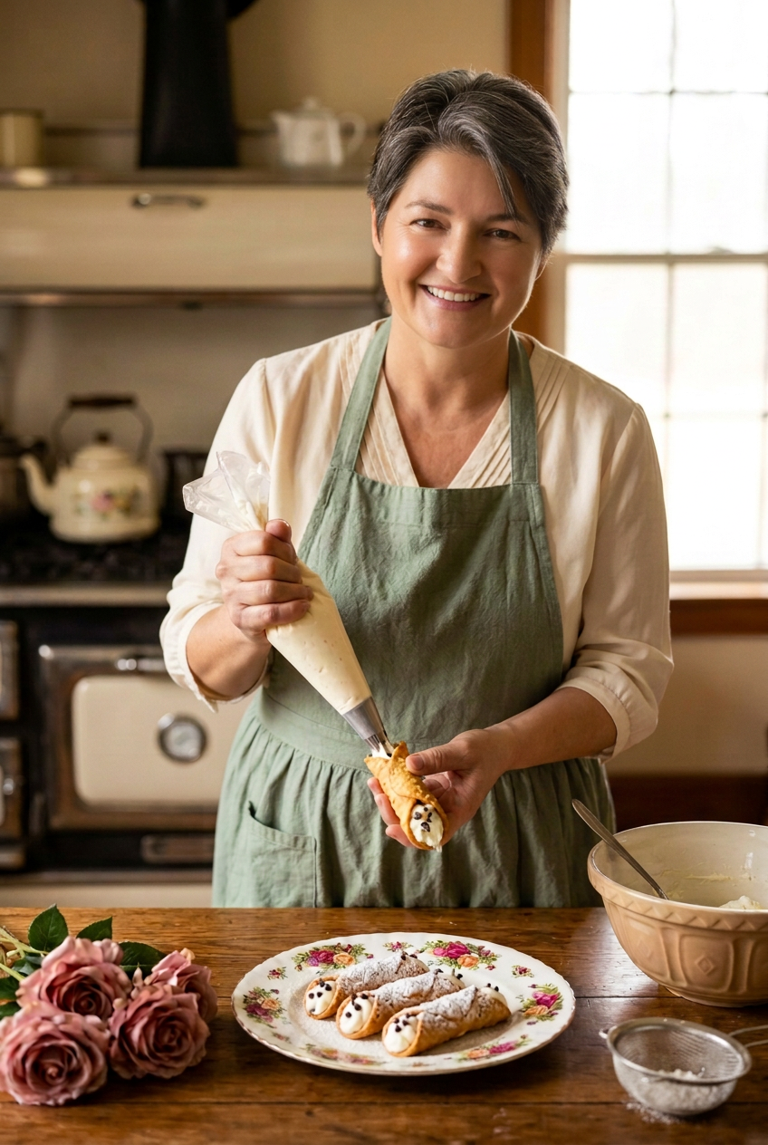 Portrait of you in a sage apron making cannoli in a warm cottage kitchen