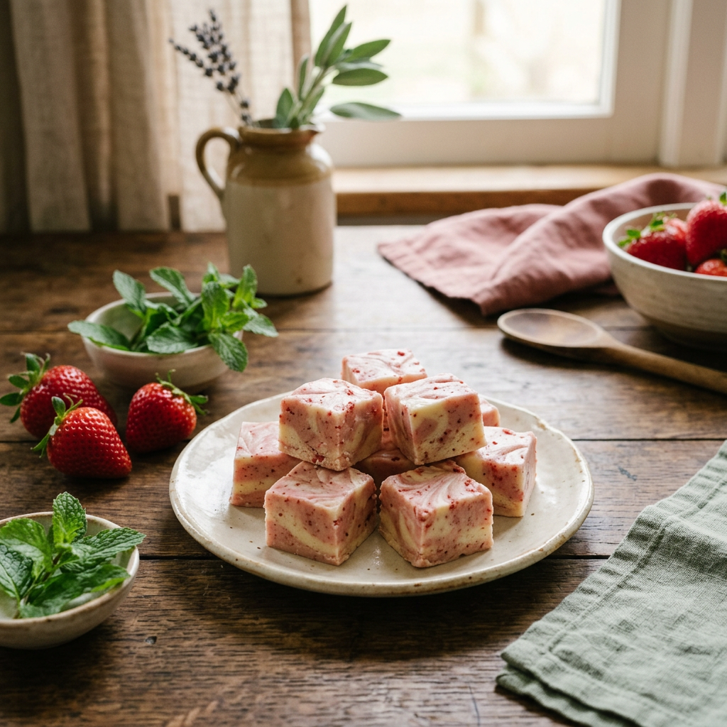 Small strawberries and cream fudge serving