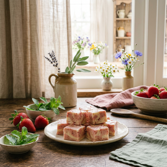 Small strawberries and cream fudge serving