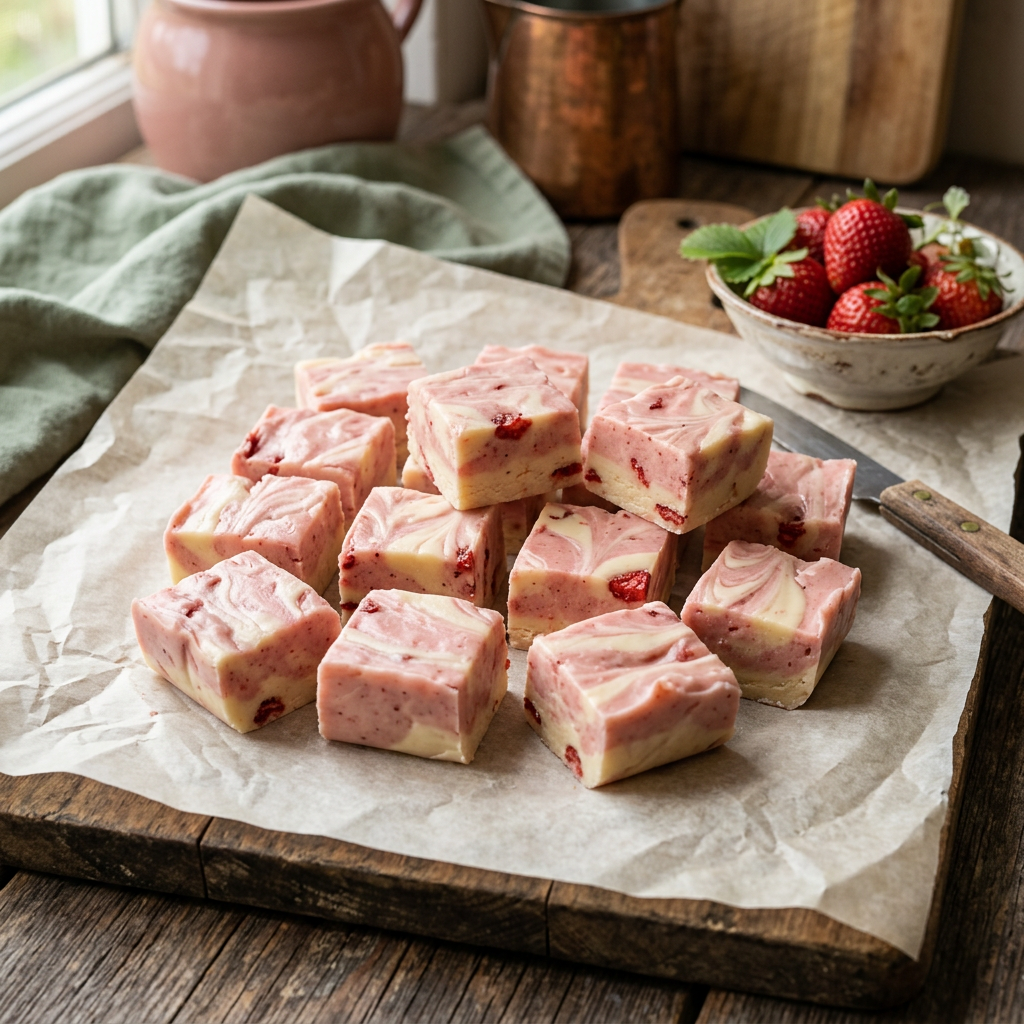 Strawberries and cream fudge close-up