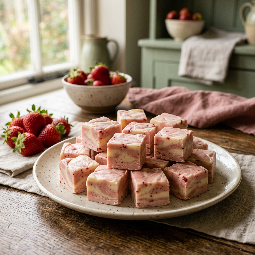 Strawberries and cream fudge hero