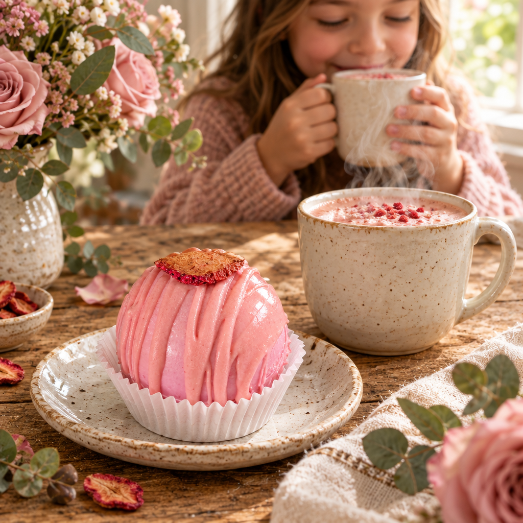 Strawberry cocoa bomb beside a steaming cup with a child