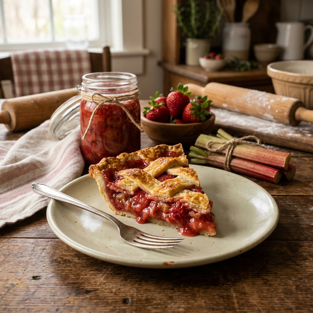 Strawberry-Rhubarb filling serving suggestion, pie slice