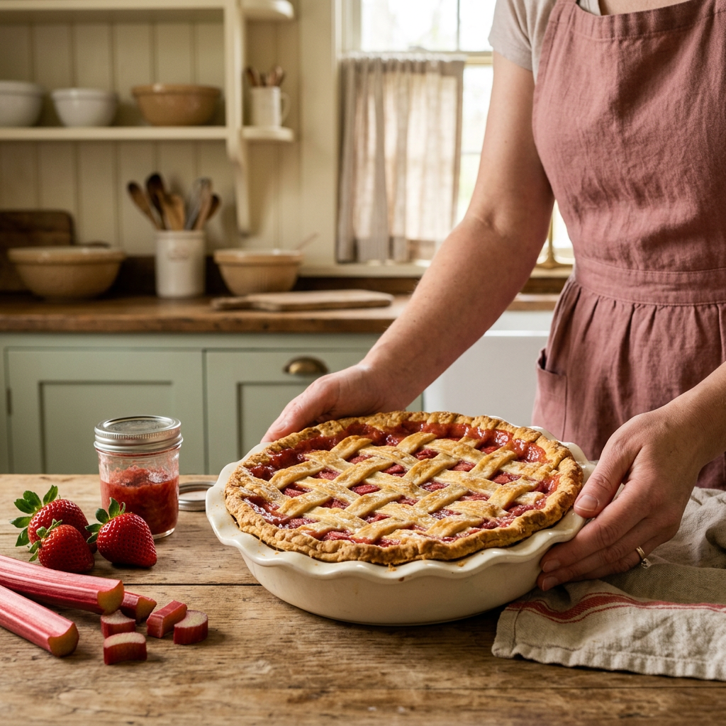 Strawberry-Rhubarb filling serving suggestion, whole pie