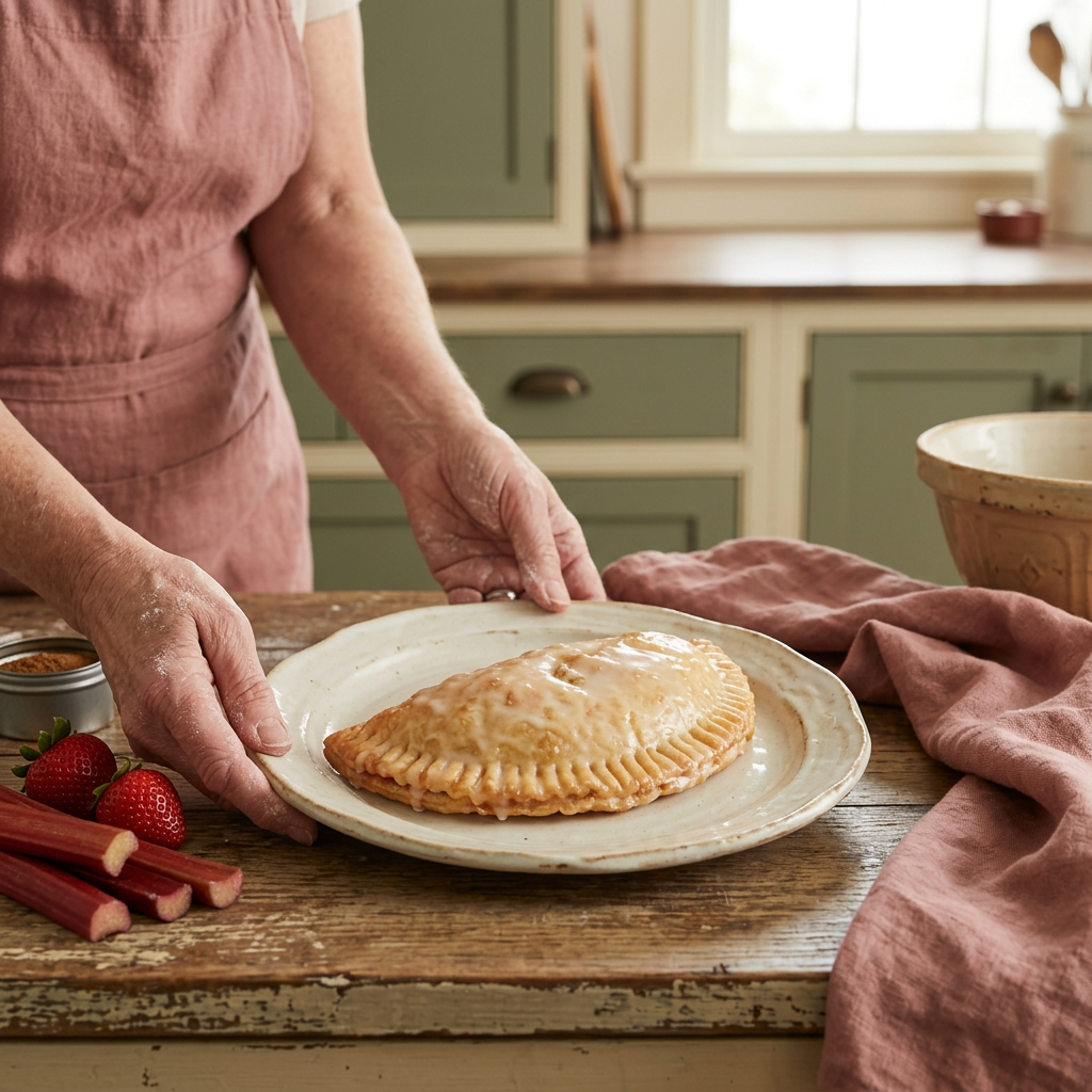 Strawberry-Rhubarb fried pie in a country kitchen