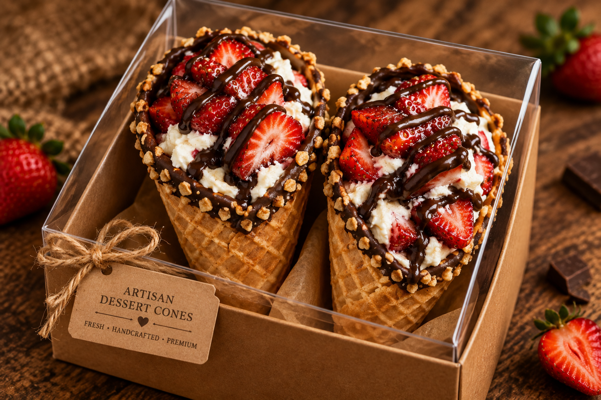 Two Strawberry Cream Cheese Waffle Cones in Gift Box